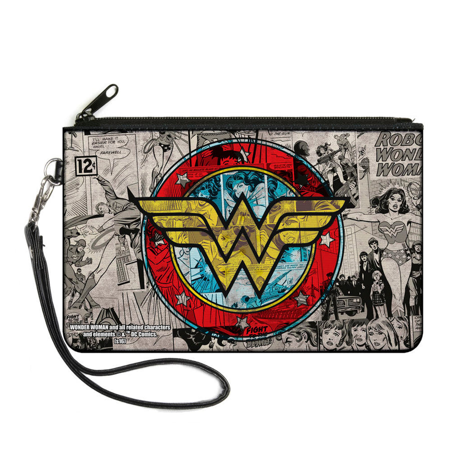 Canvas Zipper Wallet - LARGE - Wonder Woman Logo Comic Scenes Grays Blue Red Yellow