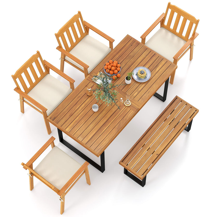 6 Pieces Patio Dining Table Set 63‚Äù Rectangle Table with 4 Acacia Wood Armchairs and Backless Bench
