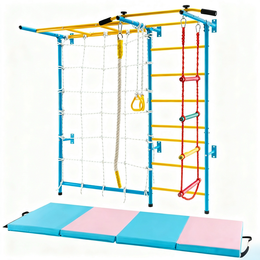 7-in-1 Swedish Ladder with Folding Gymnastics Mat for Solid Wall for Kids