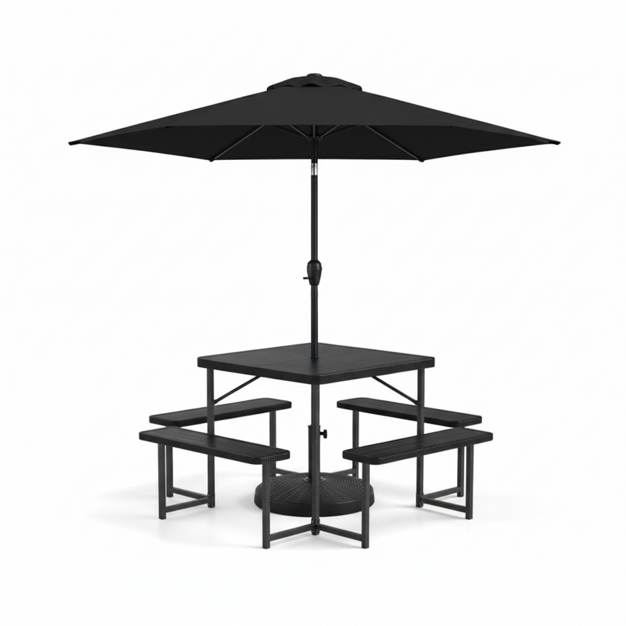 Outdoor Picnic Table Bench Set with Umbrella and Base for 4-8 People