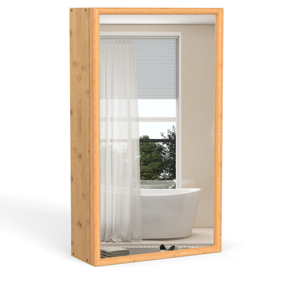 Bamboo Small Medicine Cabinet with Mirror Door and Removable Shelves-Natural