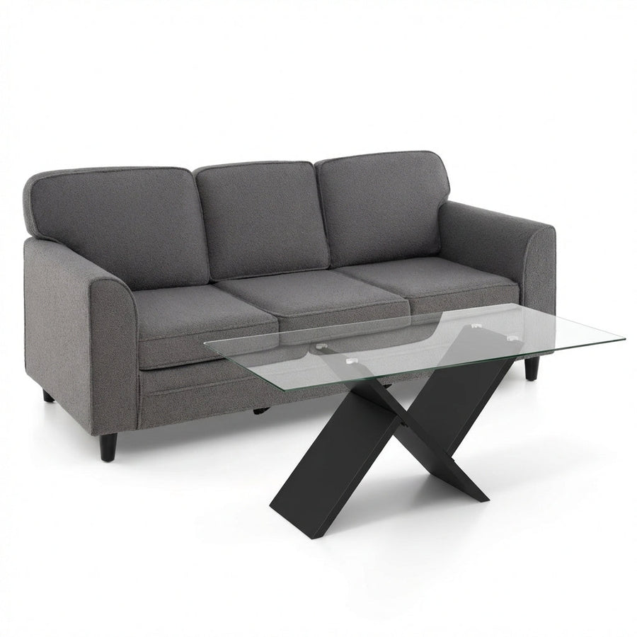 Contemporary Living Room Furniture Suite: Modern 3-Seat Teddy Velvet Sofa + 47-Inch Glass Coffee Table