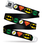 DC Round Logo Black/Silver Seatbelt Belt - Justice League Superhero Logos Webbing