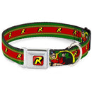 Robin "R" Logo Full Color Red/Black/Yellow Seatbelt Buckle Collar - Robin Action Pose/"R" Logo Stripe Green/Yellow/Red/Black