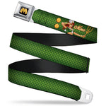 Mera Logo Full Color Black Red Gold Seatbelt Belt - MERA Bombshell Salute Pose/Scales Greens/Gold Webbing