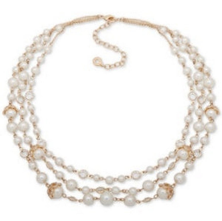 Anne Klein Gold-Tone Pave Imitation Pearl Triple-Row Necklace, 16 + 3