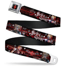 Harley Quinn Diamond Full Color Black Red Seatbelt Belt - BATMAN ARKHAM KNIGHT Logo HARLEY QUINN Bat Poses Diamonds/Bats/Kisses Black/Reds/White Webbing