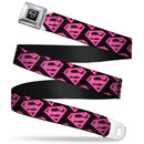 Superman Black Silver Seatbelt Belt - Diagonal Superman Logo w/Hearts Black/Pink Webbing