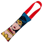 Dog Toy Squeaky Tug Toy - Wonder Woman JL Rebirth Face + WW Icon CLOSE-UP Blue Red - RED Webbing