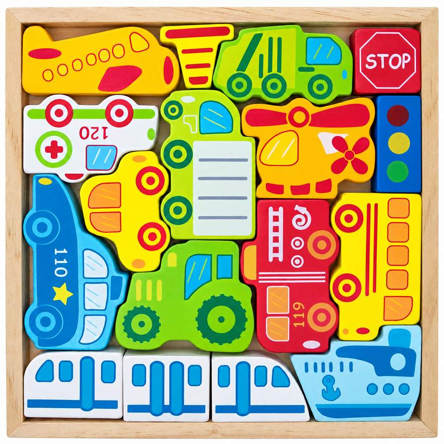 Cars, Ship, Plane, Helicopter and Sign Learning Wooden Blocks Puzzle