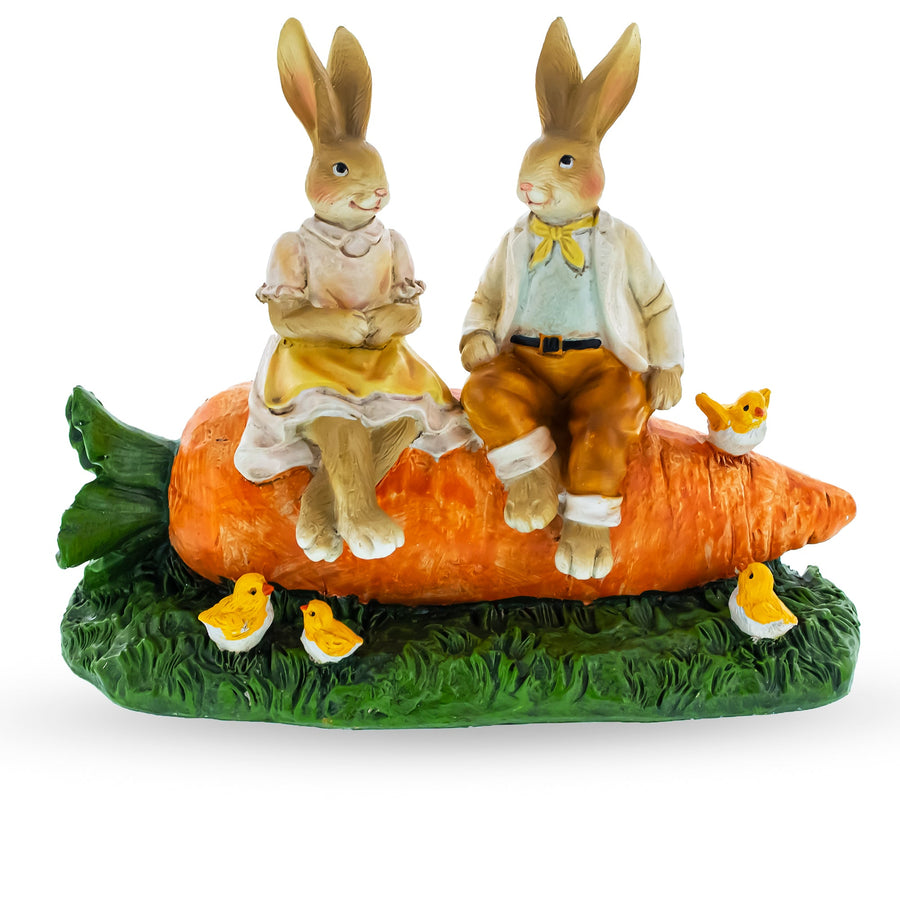 Romantic Easter Bunny Pair on Carrot with Chicks Spring Decor 6.3 Inches Tall