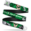 Green Lantern Logo CLOSE-UP White Green Seatbelt Belt - Green Lantern Green Glow w/Text Webbing