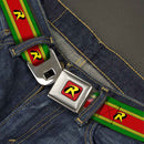 Robin "R" Logo Full Color Red Black Yellow Seatbelt Belt - Robin "R" Logo Stripe Green/Yellow/Red/Black Webbing