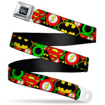 DC Round Logo Black/Silver Seatbelt Belt - Justice League Stacked Logos Webbing