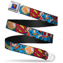 Superman Full Color Blue Seatbelt Belt - Superman Logo/Poses/Action Bubbles Pop Collage Blue/Black Webbing