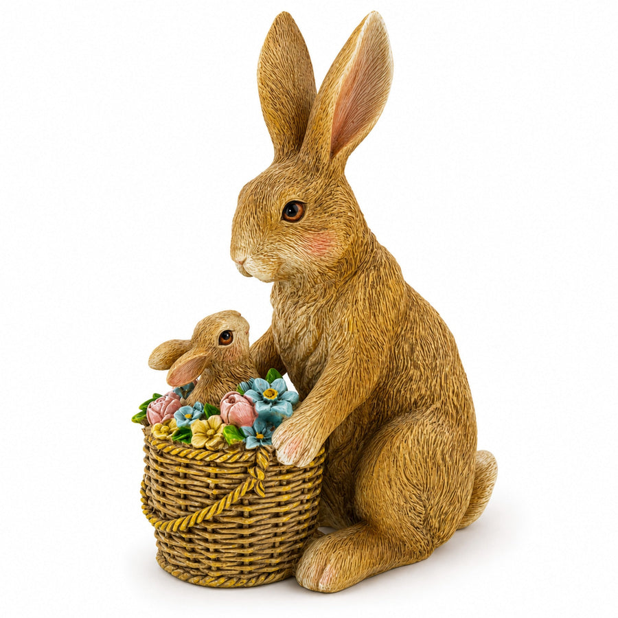 Mother & Baby Bunny Figurine Rustic Easter & Spring Decor with Floral Basket 7.4 Inches
