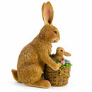 Mother & Baby Bunny Figurine Rustic Easter & Spring Decor with Floral Basket 7.4 Inches