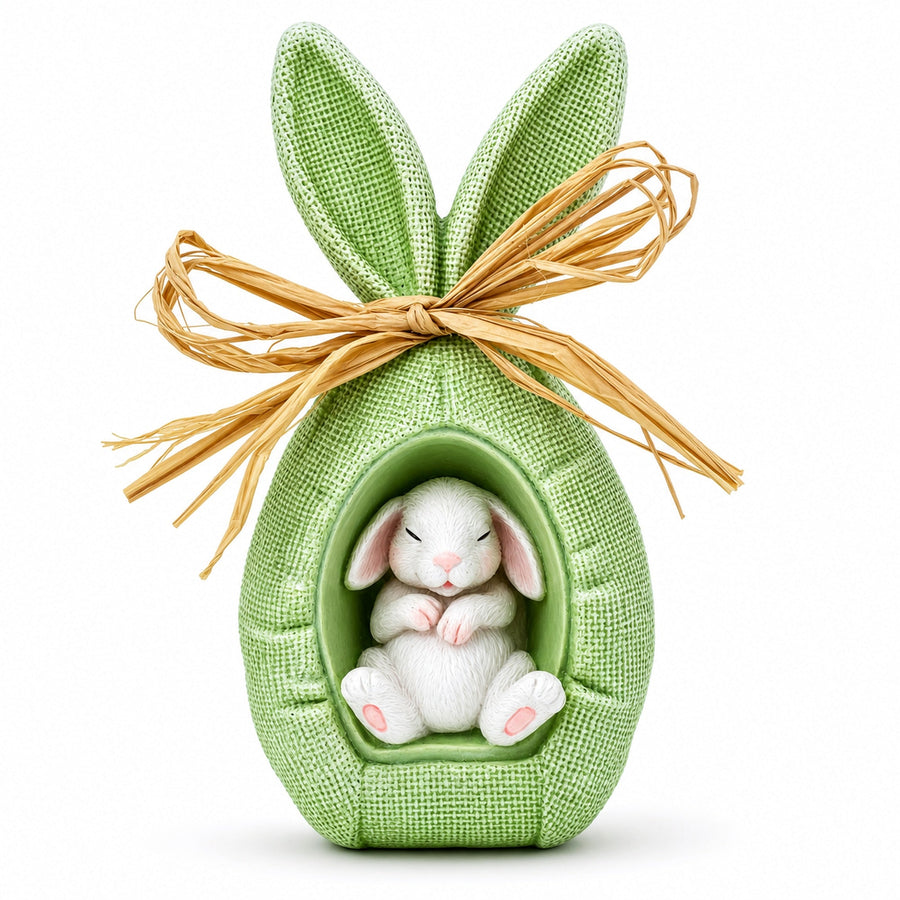 Rustic Bunny Nest Egg Decoration – Green Burlap Style Easter Ornament with Raffia Bow 6.2 Inches Tall
