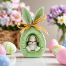 Rustic Bunny Nest Egg Decoration – Green Burlap Style Easter Ornament with Raffia Bow 6.2 Inches Tall