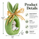 Rustic Bunny Nest Egg Decoration – Green Burlap Style Easter Ornament with Raffia Bow 6.2 Inches Tall