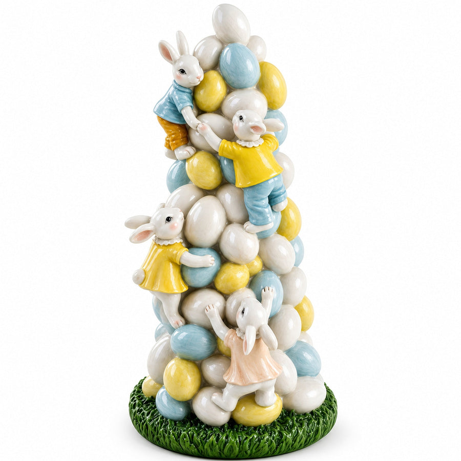 Easter Bunny Climbing Egg Tower Playful Rabbit Figurine for Spring Decor 10.6 Inches