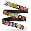 DC SUPERHERO GIRLS Logo Full Color Black Gold Red Blue Seatbelt Belt - DC SUPERHERO GIRLS 9-Character Group Pose Green/Yellow/Pink-Fade Webbing