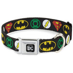 DC Round Logo Black/Silver Seatbelt Buckle Collar - Justice League Superhero Logos