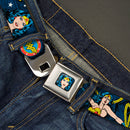 Wonder Woman Face Comic Full Color Blues Seatbelt Belt - Wonder Woman Face/Poses/Logos/Comic Scenes Blues/Yellow Webbing